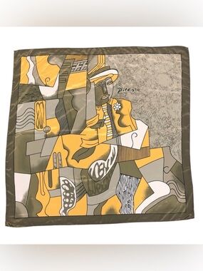 Picasso Design 100% Silk Scarf - Gold Green/Grey Black Geometric Abstract Modern